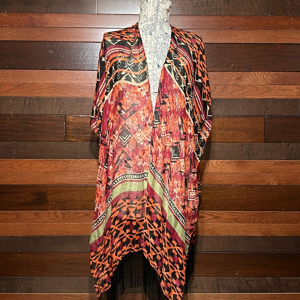 No Brand Tag Multicolor Geometric Pattern Fringy Wrap / Cardigan Tunic